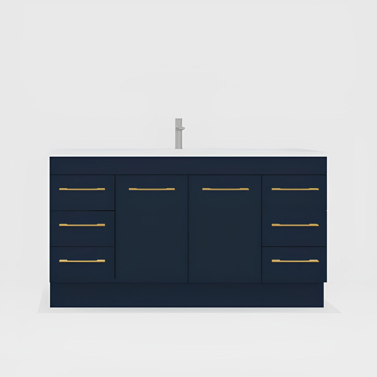 Timberline Bargo floor standing vanity in dark blue, with white top and gold handles, front view with double basin layout