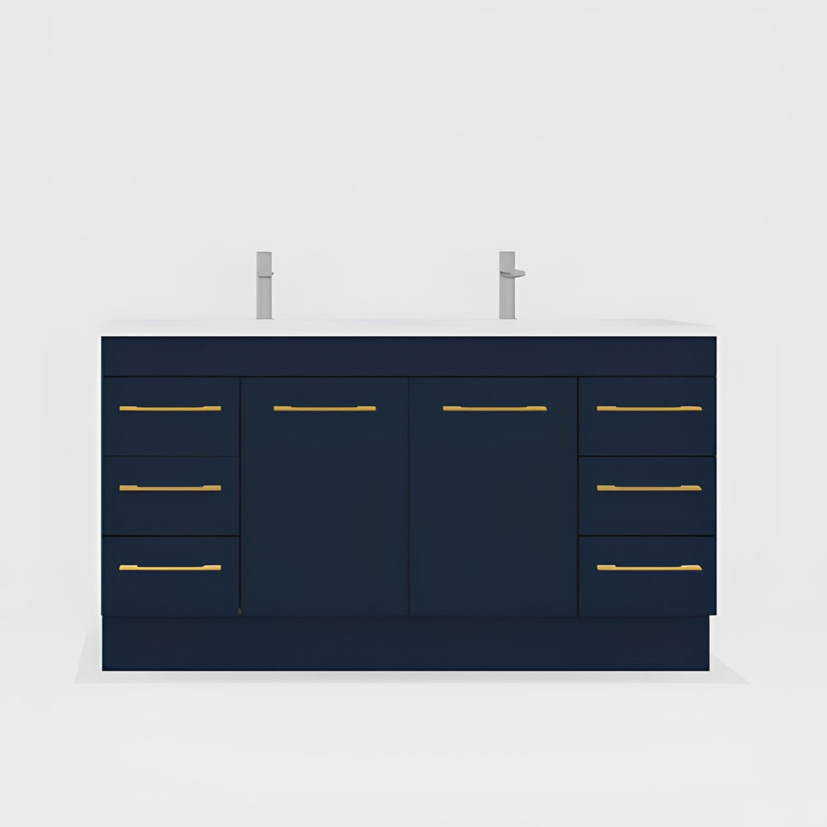 Timberline Bargo floor standing vanity in navy with white top, centre basins and gold handles, front view