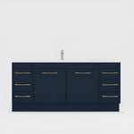 Timberline Bargo floor standing vanity, navy blue with gold handles and white top, front view, double basin cabinet