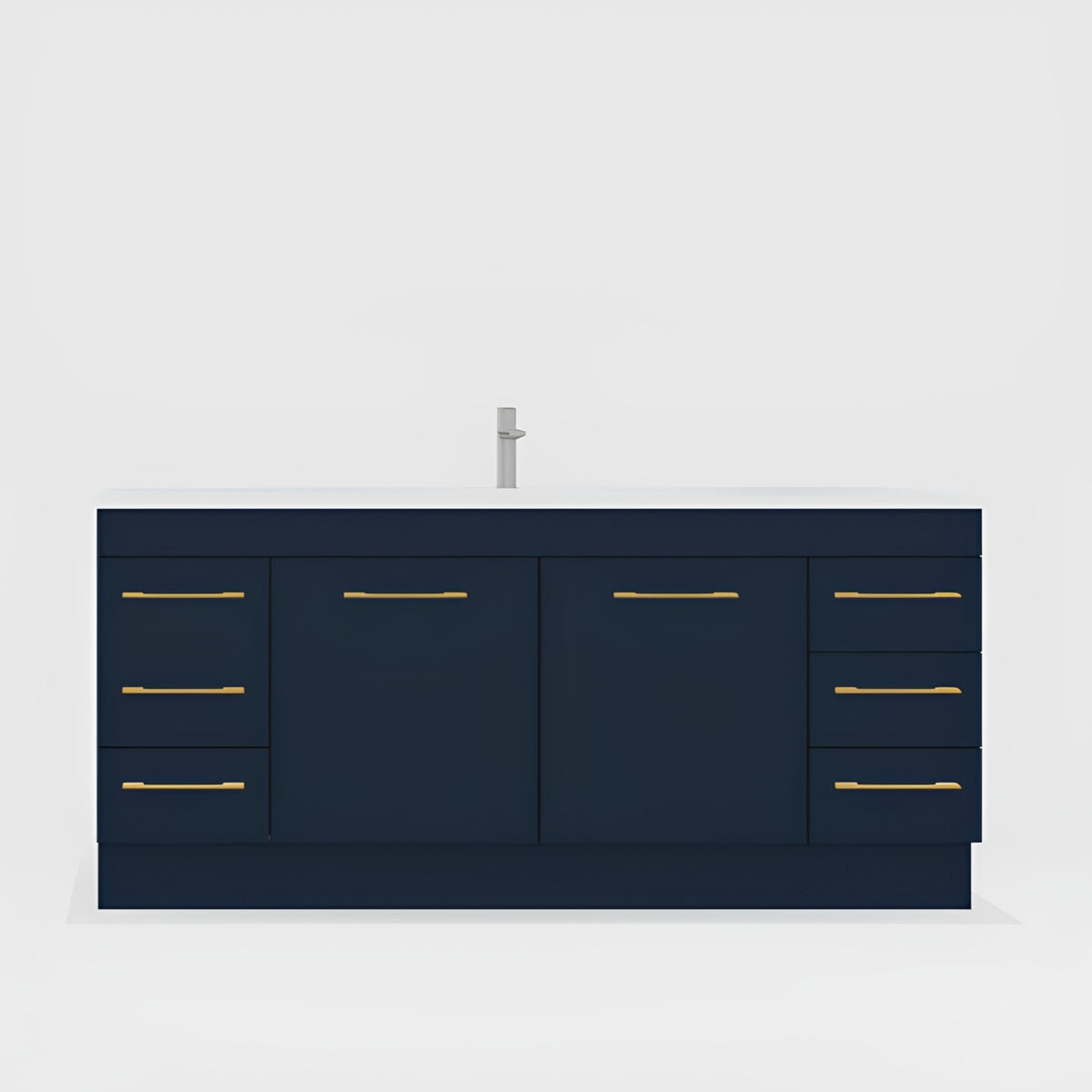 Timberline Bargo floor standing vanity, navy blue with gold handles and white top, front view, double basin cabinet