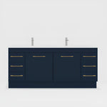 Timberline Bargo floor standing vanity in dark blue with white top, two basins and gold handles, front view