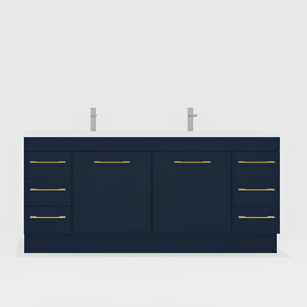 Timberline Bargo floor standing vanity in dark blue with white top, two basins and gold handles, front view