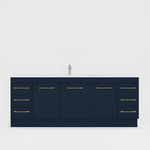 Timberline Bargo floor standing vanity in navy blue with gold handles and white top, front view with centre basin hole