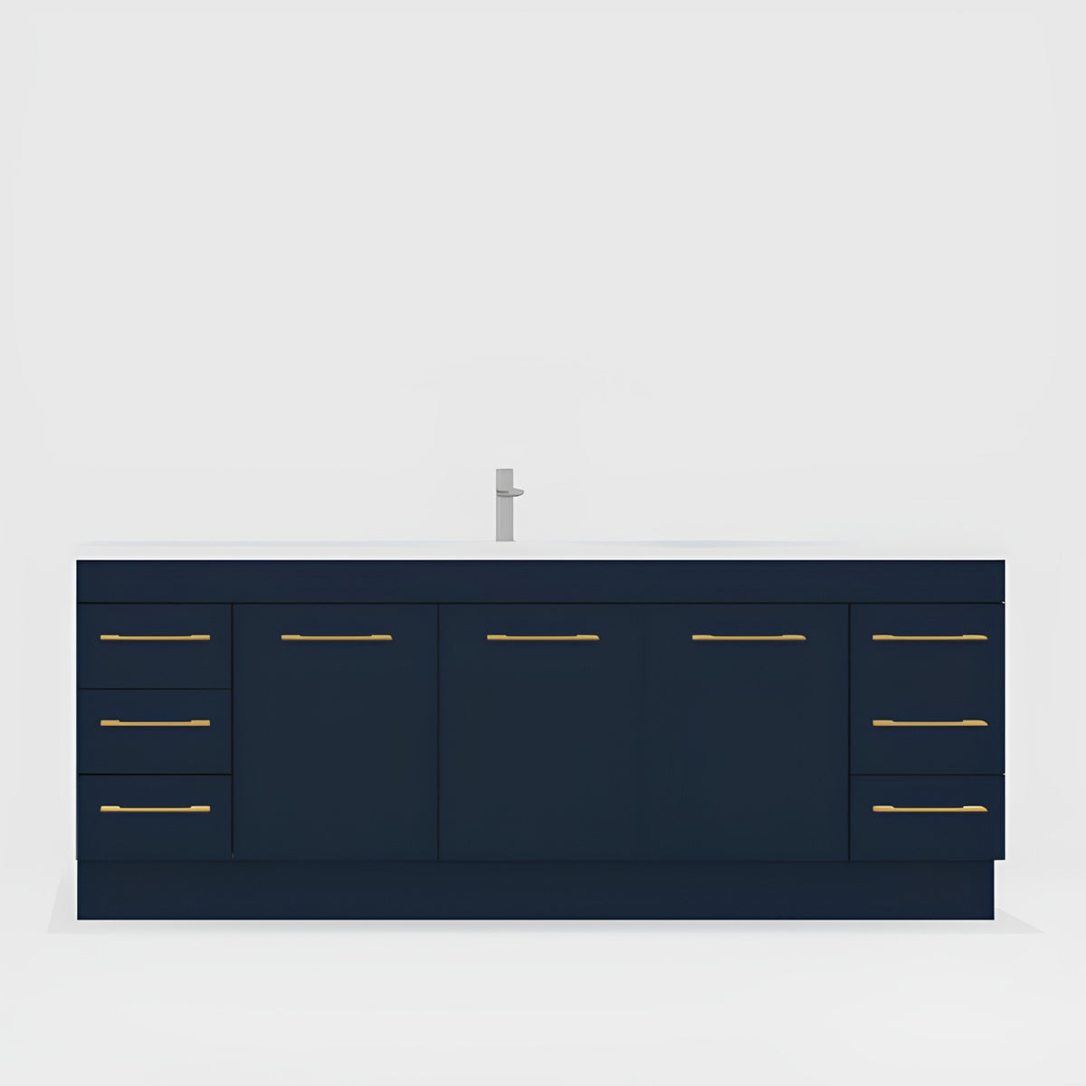 Timberline Bargo floor standing vanity in navy blue with gold handles and white top, front view with centre basin hole