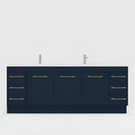 Timberline Bargo floor-standing vanity in navy blue with gold handles and white top, front view with double basins and drawers