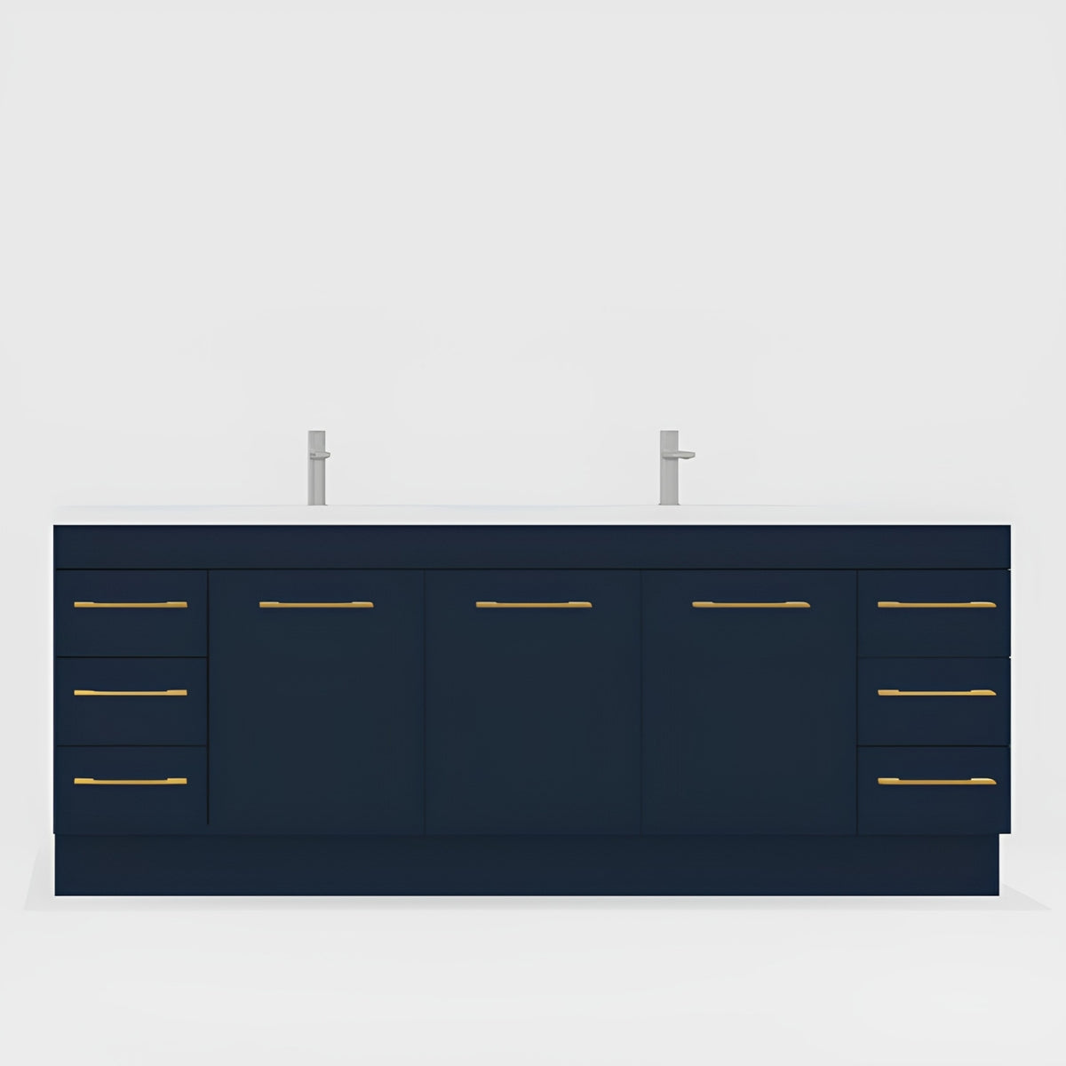 Timberline Bargo floor-standing vanity in navy blue with gold handles and white top, front view with double basins and drawers