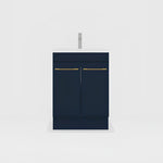 Timberline Bargo floor standing vanity in dark blue with white top and gold handles, front view