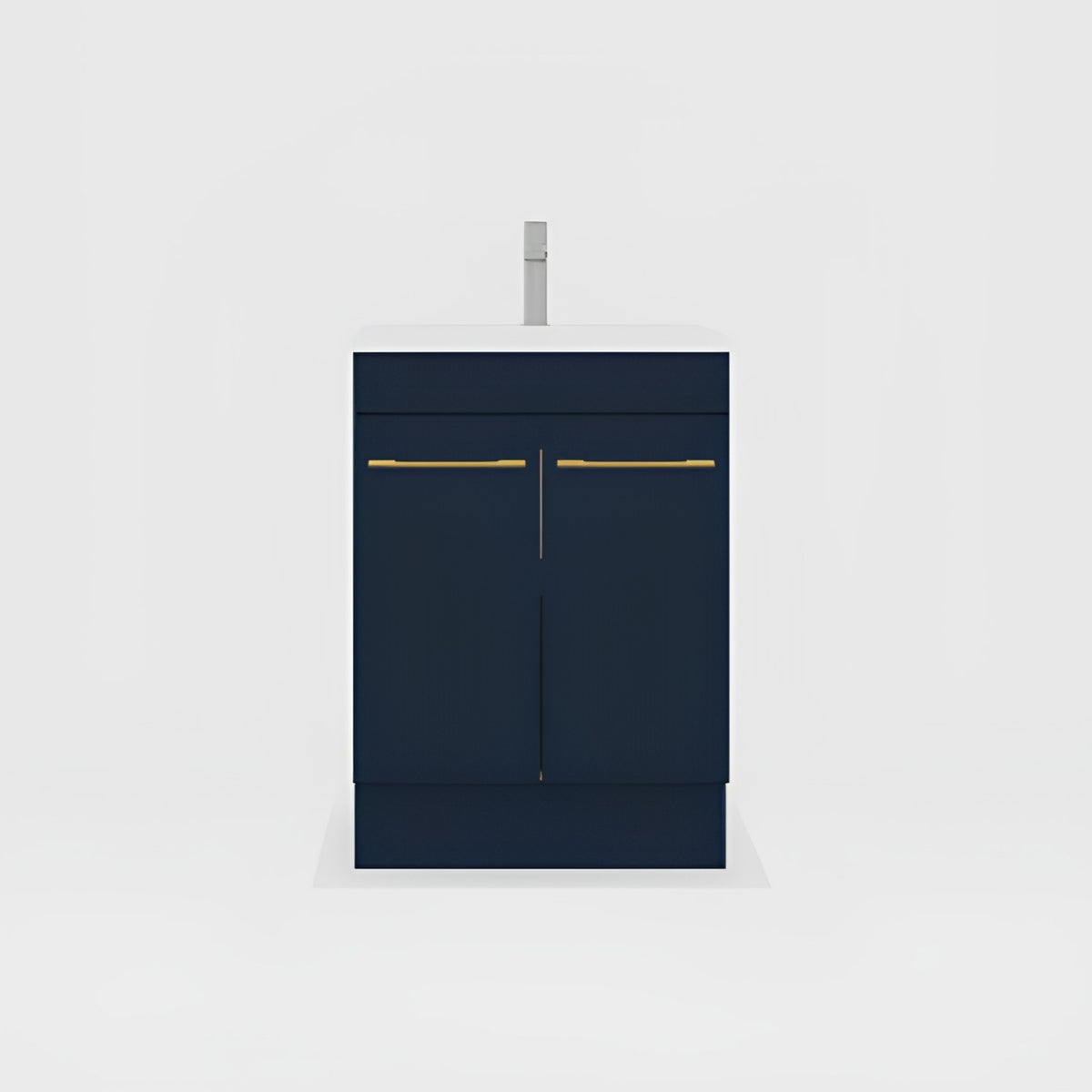 Timberline Bargo floor standing vanity in dark blue with white top and gold handles, front view