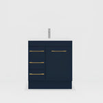Timberline Bargo floor standing vanity in dark blue with white top and gold handles, front view