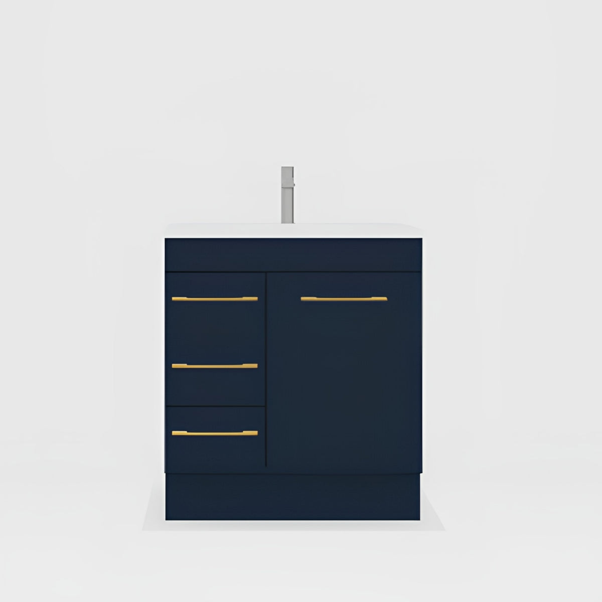 Timberline Bargo floor standing vanity in dark blue with white top and gold handles, front view