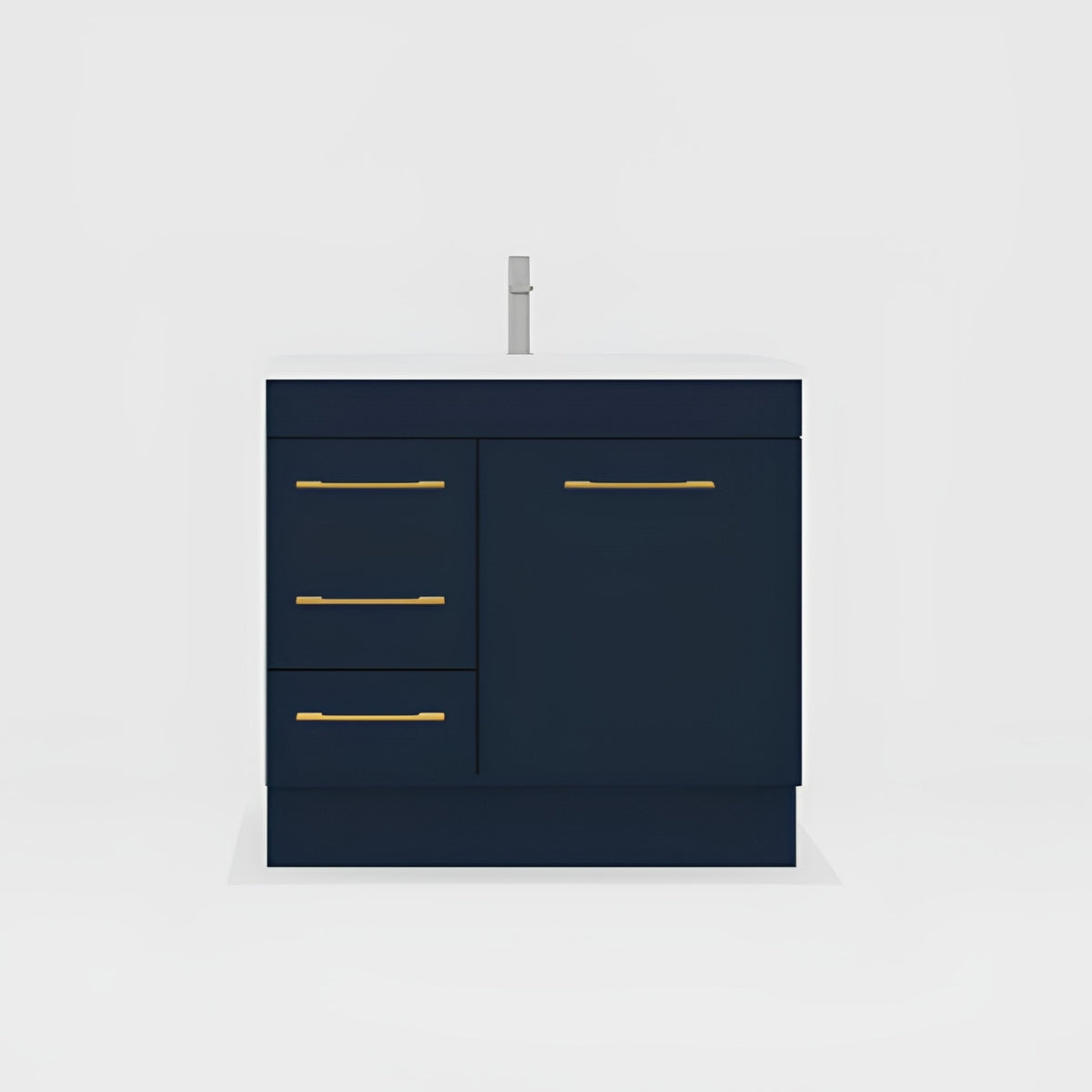 Timberline Bargo floor standing vanity in navy, with white top, brass handles and central basin in front view