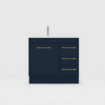 Timberline Bargo floor standing vanity in navy with gold handles and white mineral composite top, front view