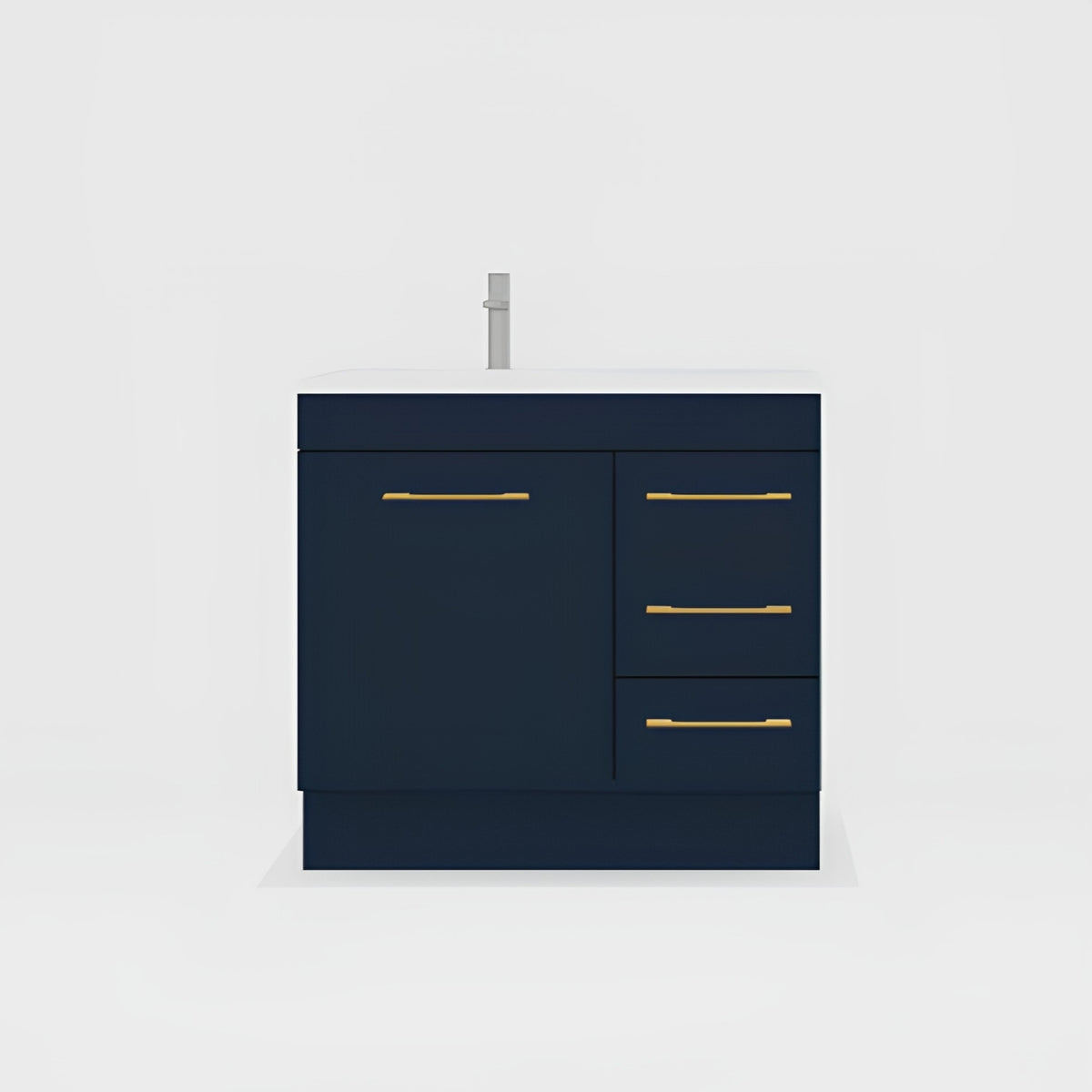Timberline Bargo floor standing vanity in navy with gold handles and white mineral composite top, front view