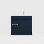 Timberline Bargo floor standing vanity in navy blue with white top, gold handles and centre basin aperture