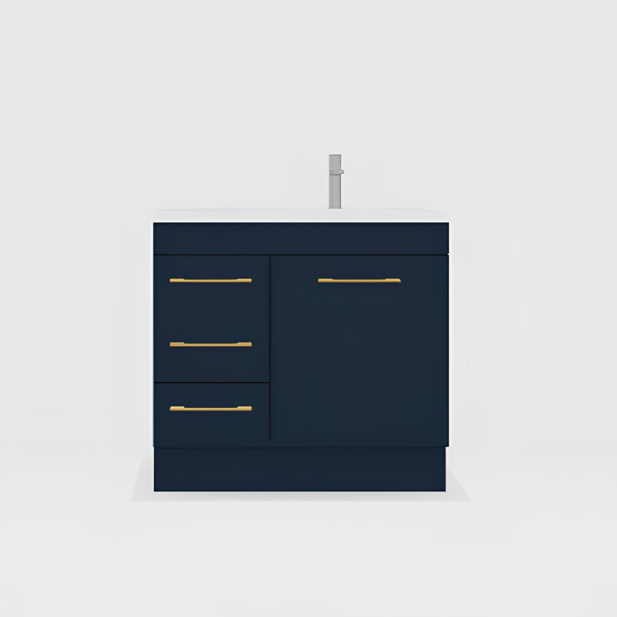 Timberline Bargo floor standing vanity in navy blue with white top, gold handles and centre basin aperture