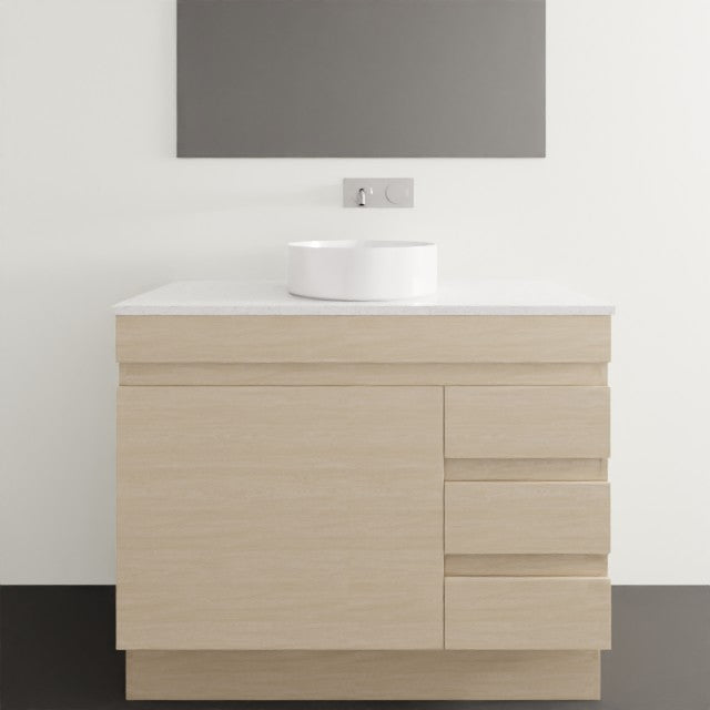 Timberline Bargo floor standing vanity in light woodgrain with white Silksurface top and round basin, front view