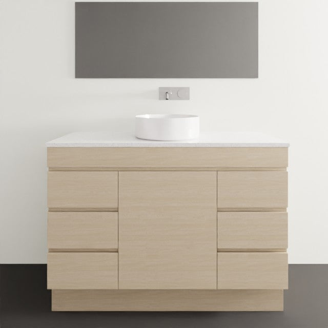 Timberline Bargo floor standing vanity in light woodgrain with white top and round basin, front view