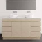 Timberline Bargo floor standing vanity in light woodgrain, with white Silksurface top and twin above-counter basins