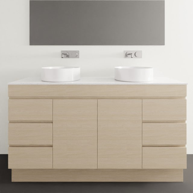 Timberline Bargo floor standing vanity in light woodgrain, with white Silksurface top and twin above-counter basins
