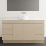 Timberline Bargo floor standing vanity in light woodgrain with white top and above-counter basin, front view