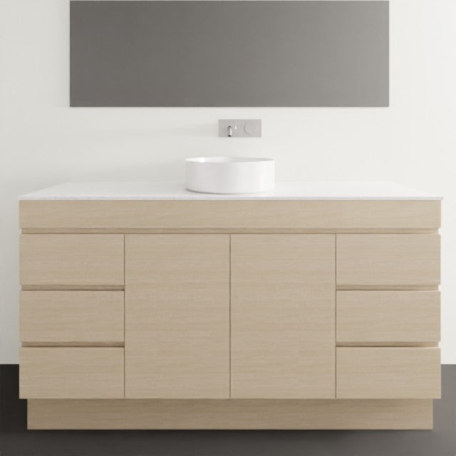 Timberline Bargo floor standing vanity in light woodgrain with white top and above-counter basin, front view