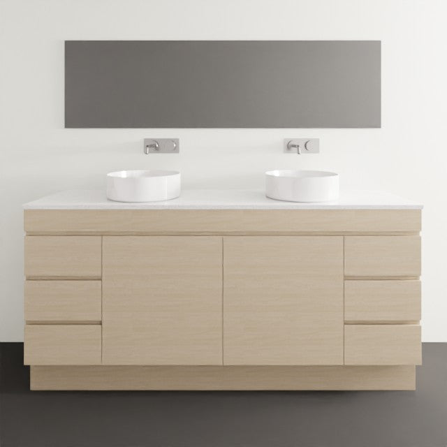Timberline Bargo floor standing vanity in light woodgrain with white top and twin above-counter basins