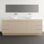 Timberline Bargo floor standing vanity with white Silksurface top and twin basin, satin white cabinet, front view