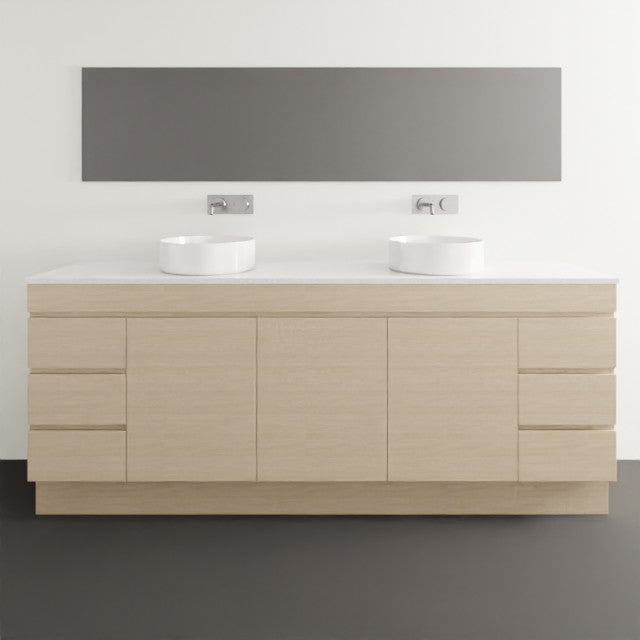 Timberline Bargo floor standing vanity with white Silksurface top and twin basin, satin white cabinet, front view