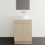 Timberline Bargo floor standing vanity, light woodgrain finish with white round basin and Silksurface top