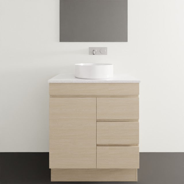 Timberline Bargo floor standing vanity in light woodgrain with white basin and SilkSurface top, front view