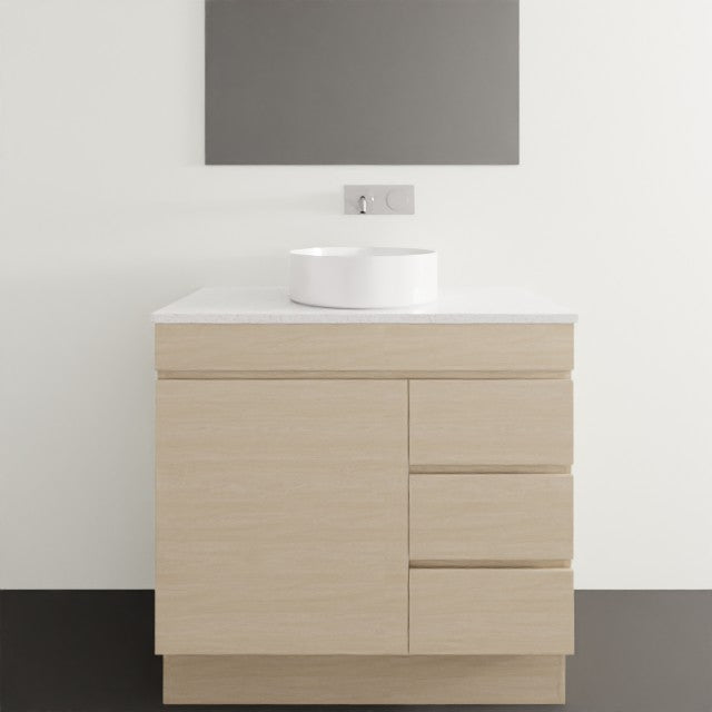 Timberline Bargo floor standing vanity in light woodgrain with white SilkSurface top and round basin, front view