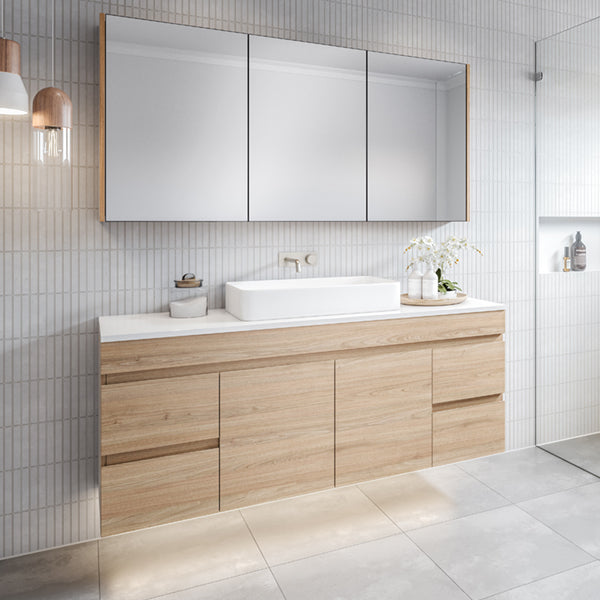 Timberline Bargo wall hung vanity with white Silksurface top and basin, Tasmanian oak finish, bathroom front view