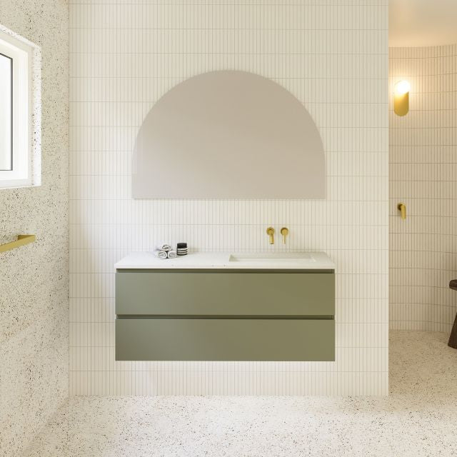 Timberline Billie wall-hung ensuite vanity in olive green with white SilkSurface top and under counter basin