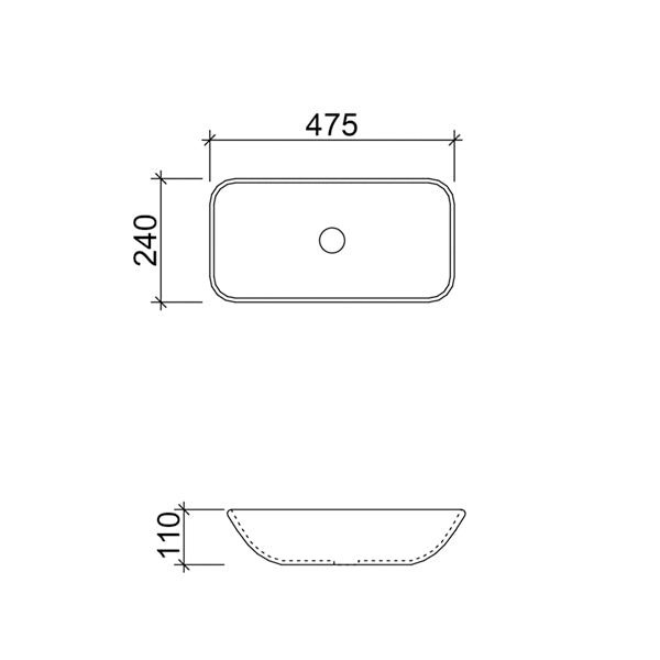 Timberline Bloom white rectangular above counter basin technical drawing with 475 x 240 mm dimensions and 110 mm depth