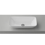 Timberline Bloom white rectangular above counter basin with thin edge on grey benchtop, top view