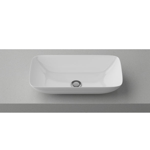 Timberline Bloom white rectangular above counter basin with thin edge on grey benchtop, top view