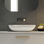 Timberline Bloom white rectangular above counter basin on a vanity bench, shown in a bathroom lifestyle setting