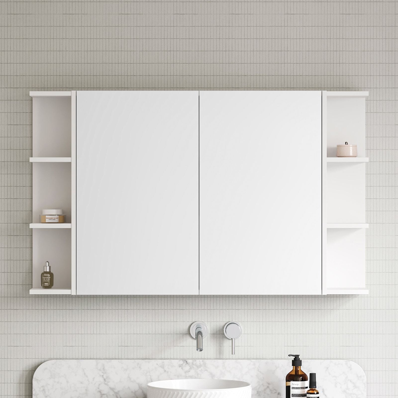 Timberline Boston white shaving cabinet in a bathroom, rectangular mirror doors with open side shelves and toiletries on display