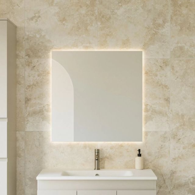 Timberline California square mirror in white, mounted above a bathroom vanity with backlit glow