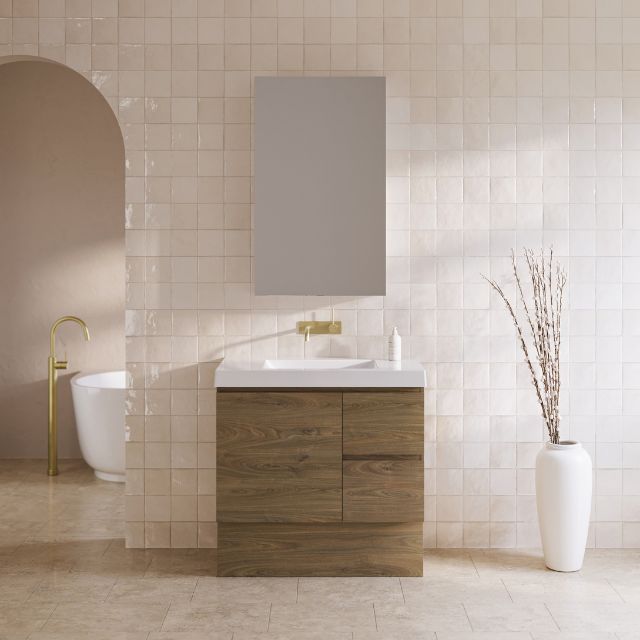 Timberline Carlo floor standing vanity in woodgrain finish with white integrated basin and top, front view