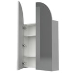 Timberline Church shaving cabinet 600mm in grey, arched two-door mirror cabinet with white interior shelves opened on white background