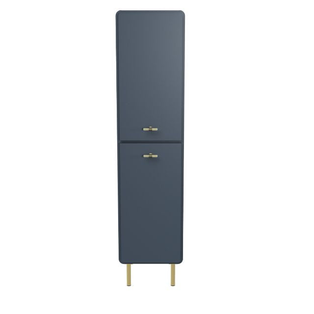 Timberline Colby floor standing tallboy in luxe graphite, front view with brass handles and legs
