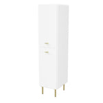 Timberline Colby wall hung tallboy in white, with curved doors and gold handles, shown on slim legs against white background