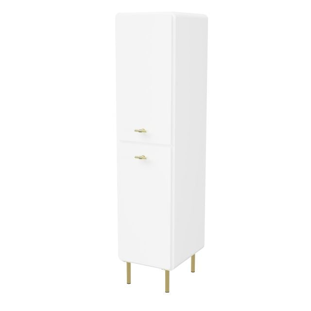 Timberline Colby wall hung tallboy in white, with curved doors and gold handles, shown on slim legs against white background