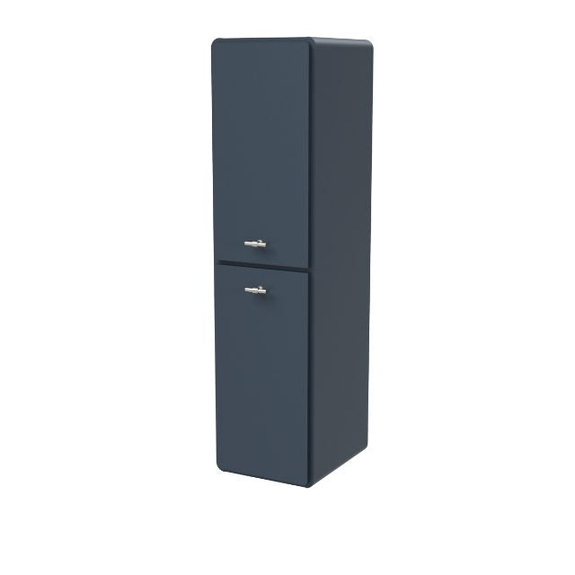 Timberline Colby wall hung tallboy in luxe graphite, slim rectangular bathroom storage cabinet with silver handles