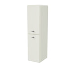 Timberline Colby floor standing tallboy in classic white, with curved doors and two chrome handles on a tall bathroom storage cabinet