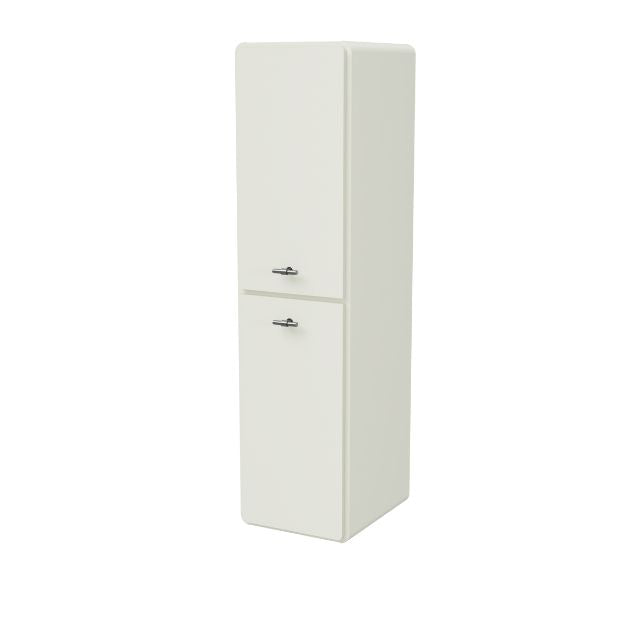 Timberline Colby floor standing tallboy in classic white, with curved doors and two chrome handles on a tall bathroom storage cabinet