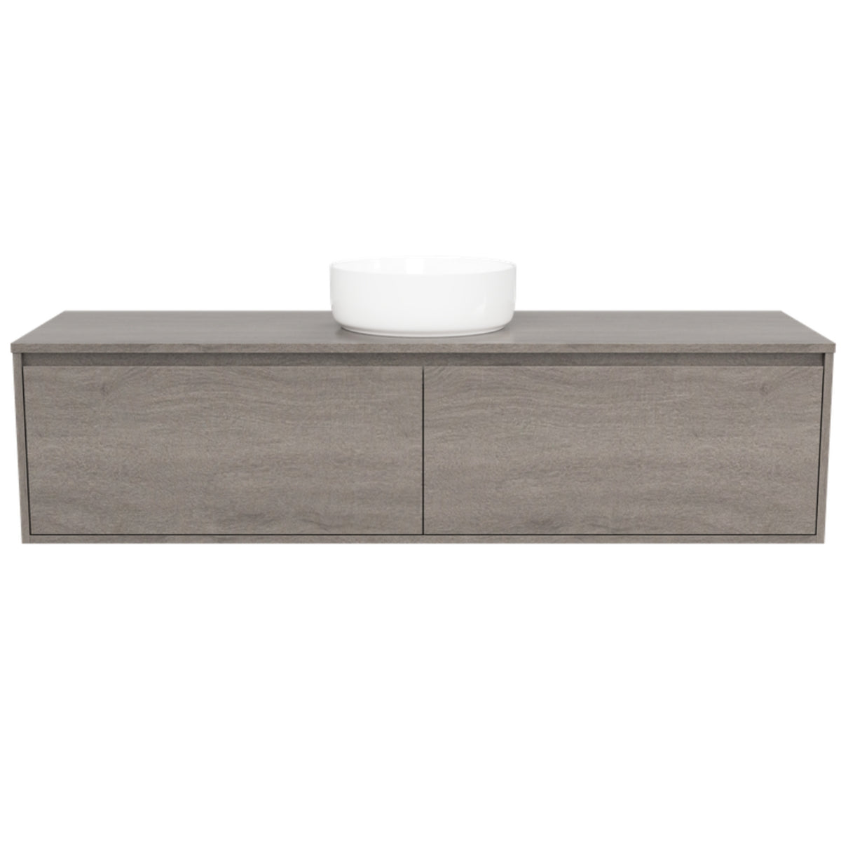 Timberline Delaware wall hung vanity in grey woodgrain with integrated basin, front view