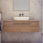 Timberline Delaware wall hung vanity in woodgrain finish with white above-counter basin, front view