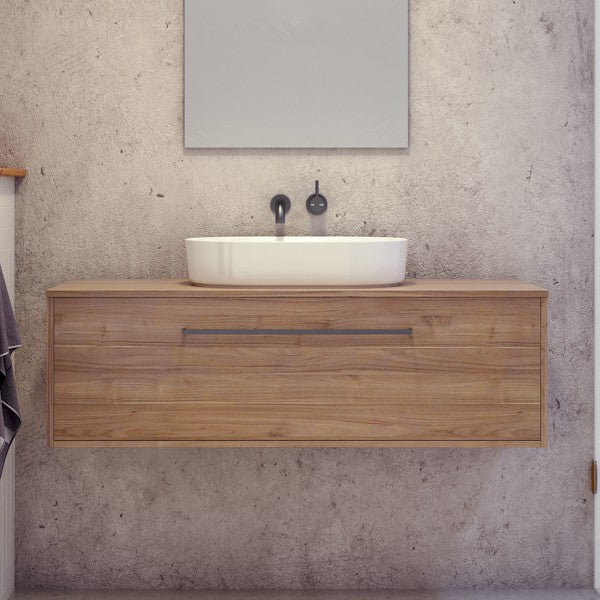 Timberline Delaware wall hung vanity in woodgrain finish with white above-counter basin, front view